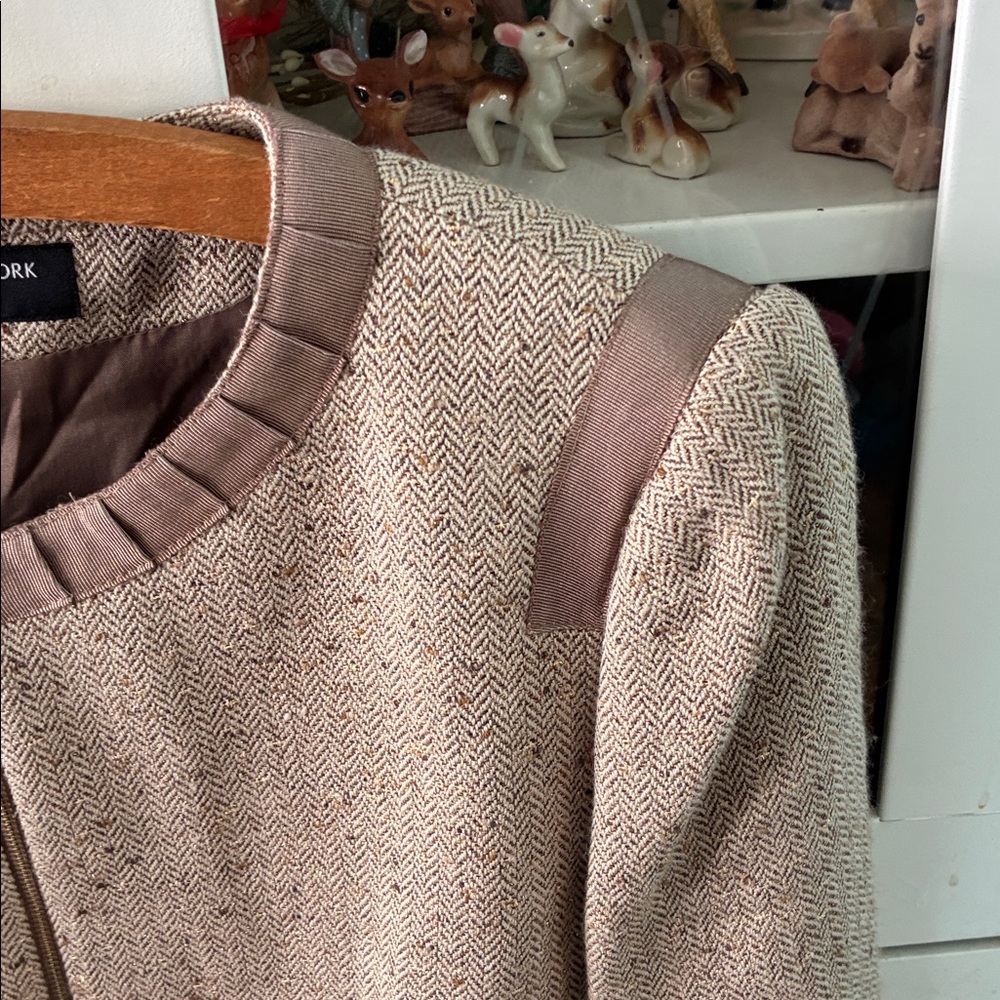 Jones New York Women's Tan Jacket sz 14 Tweed Gold Metallic euc - Picture 2 of 9